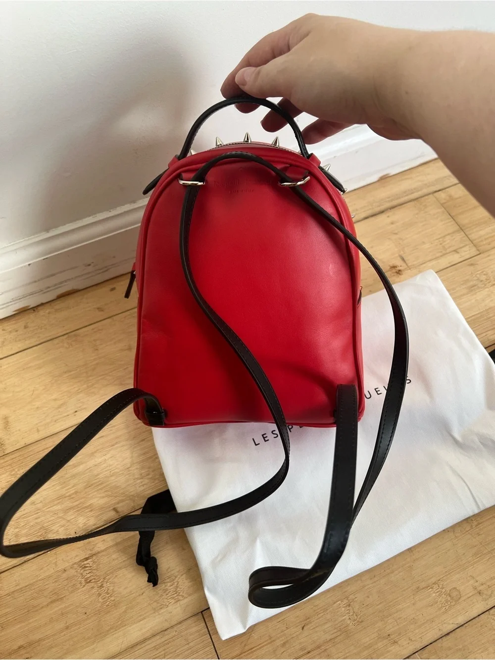 NWT Les Petits Joueurs Micro Mick Pixel Eyes Red Leather Backpack With Spikes